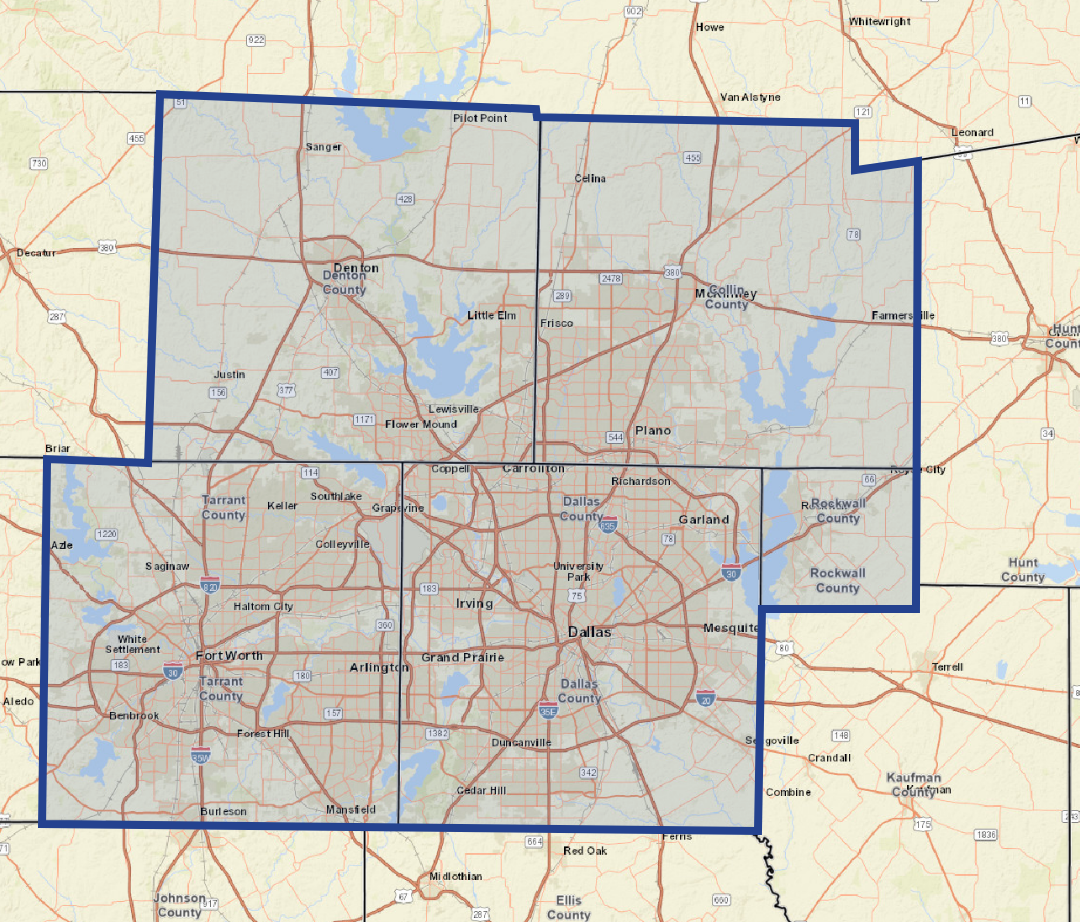 A map of the Dallas–Fort Worth metroplex with Dallas, Tarrant, Collin and Denton counties outlined in navy