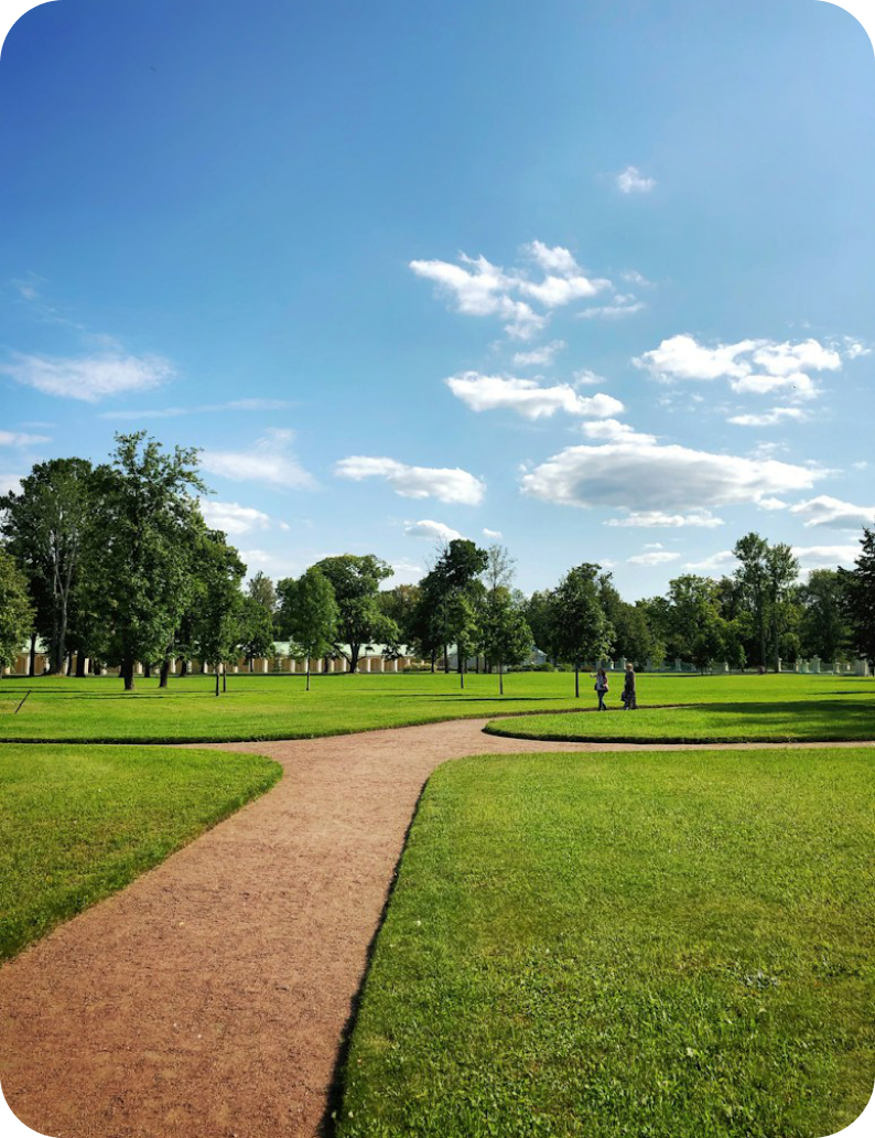 A mown path winding through a green neighbourhood park under a blue sky