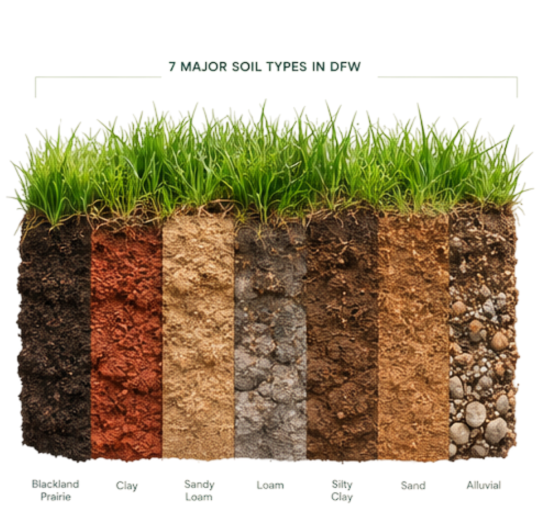 A cross-section chart of the seven major soil types in DFW