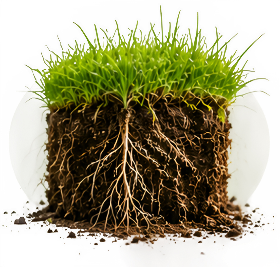 A cross-section of turfgrass showing deep roots running through loose soil