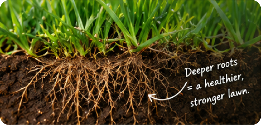 A cross-section of turf showing deep roots running down through the soil