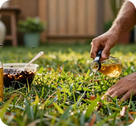 A gloved hand watering a planted bed with a hose
